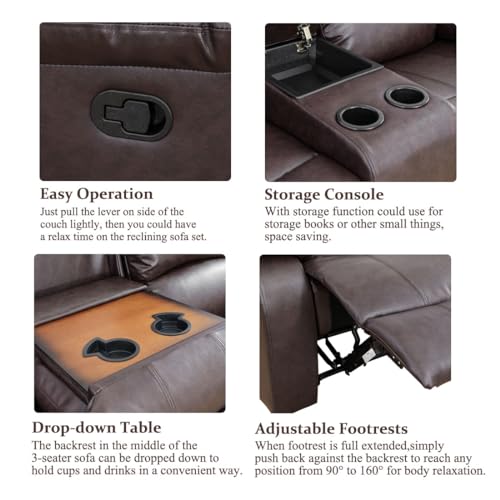 Brown Bonded Leather Recliner Sofa Set with Cup Holders