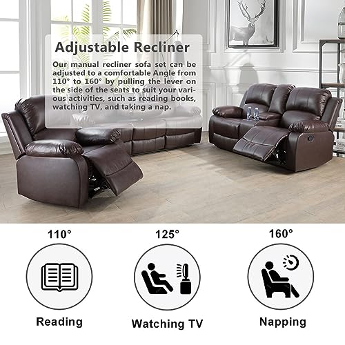 Brown Bonded Leather Recliner Sofa Set with Cup Holders