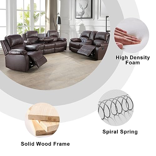 Brown Bonded Leather Recliner Sofa Set with Cup Holders