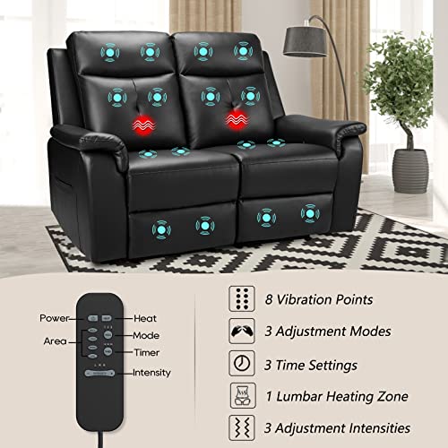 Black Leather Reclining Massage Loveseat Sofa