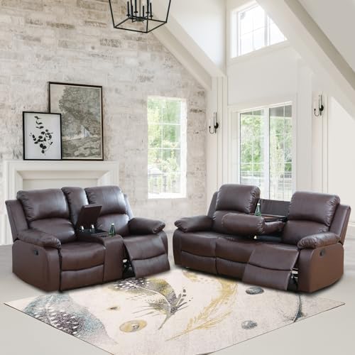 Brown Manual Leather Recliner Sofa Set 2-Piece