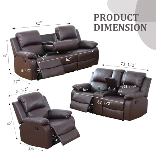 Brown Manual Leather Recliner Sofa Set 2-Piece