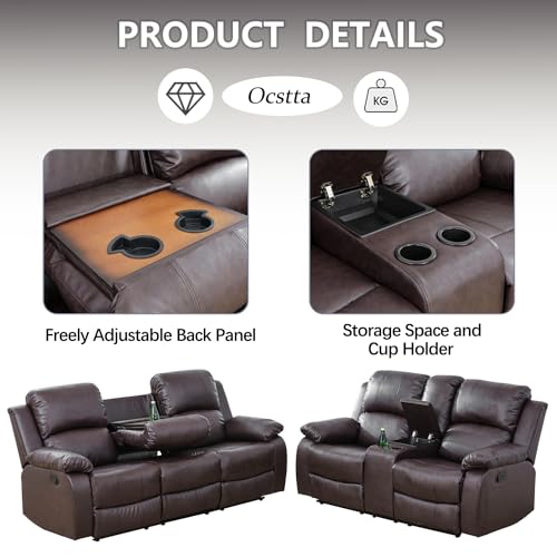 Brown Manual Leather Recliner Sofa Set 2-Piece