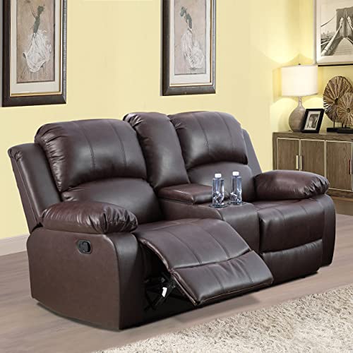 Brown Manual Leather Recliner Sofa Set 2-Piece