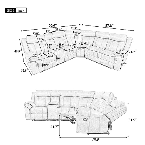 Leather Recliner Sectional Sofa with USB Ports