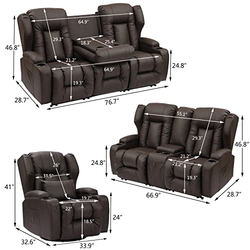 Brown 3-Piece Recliner Sofa Set for Living Room