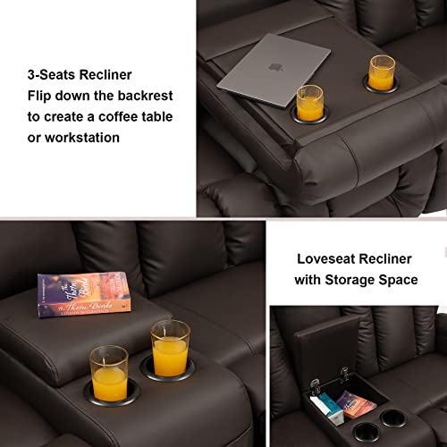 Brown 3-Piece Recliner Sofa Set for Living Room