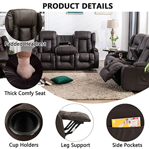 Brown 3-Piece Recliner Sofa Set for Living Room