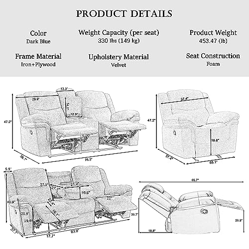 Dark Blue Velvet Loveseat Recliner Sofa with USB Ports