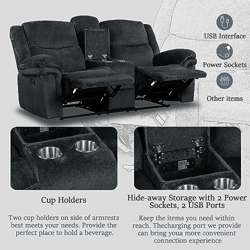 Dark Blue Velvet Loveseat Recliner Sofa with USB Ports