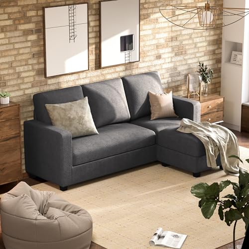 JUMMICO Fabric L-Shaped Sectional Sofa, 3 Seats, Deep Grey