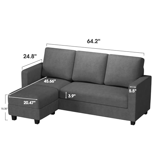 JUMMICO Deep Grey L-Shaped Convertible Sofa Couch