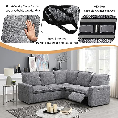 Grey L-Shaped Sectional Sofa with Power Recliner