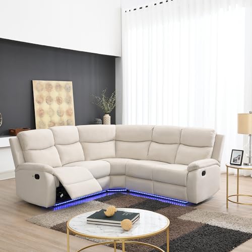 Beige Velvet L-Shaped Sectional Recliner Sofa