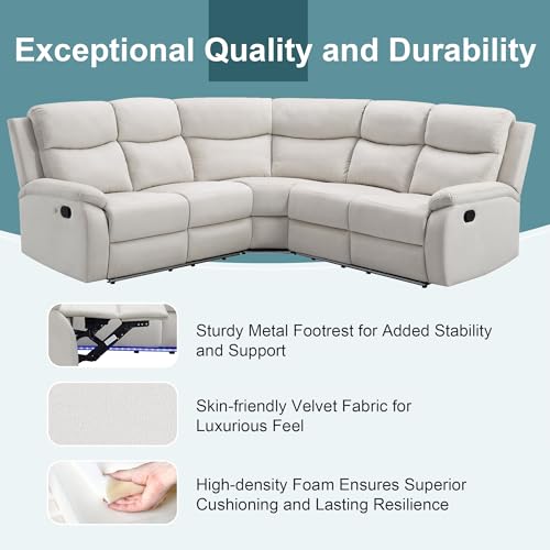 Beige Velvet L-Shaped Sectional Recliner Sofa