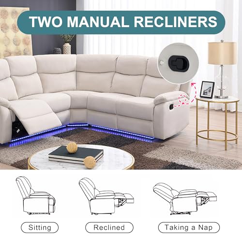 Beige Velvet L-Shaped Sectional Recliner Sofa