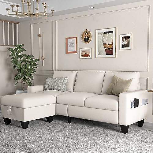 Beige Linen Fabric Sectional Sofa with Storage Ottoman