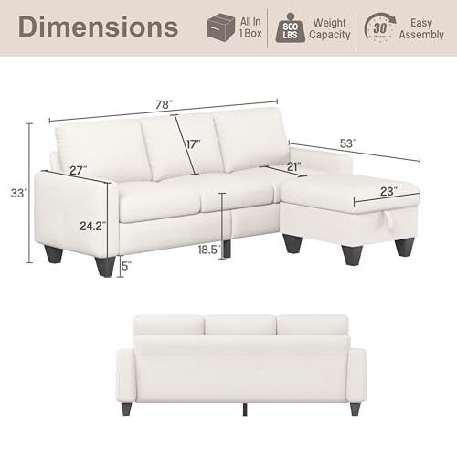 Beige Linen Convertible Sectional Sofa with Storage