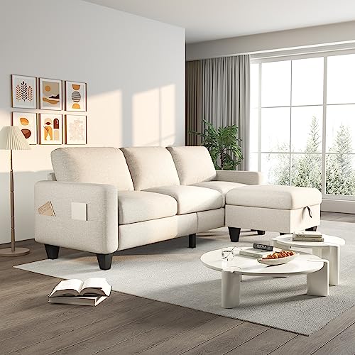 Beige Linen Convertible Sectional Sofa with Storage