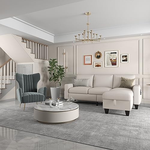 Beige Linen Convertible Sectional Sofa with Storage