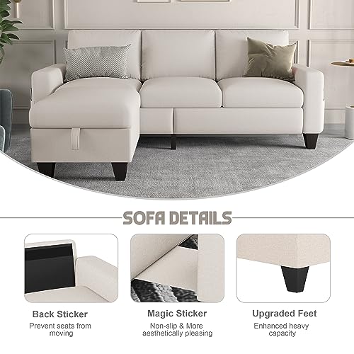 Beige Linen Convertible Sectional Sofa with Storage