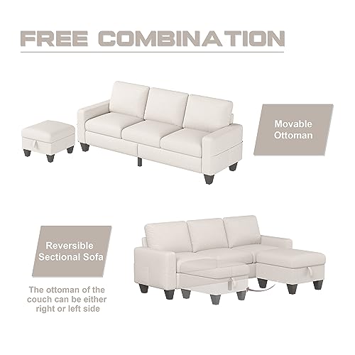 Beige Linen Convertible Sectional Sofa with Storage