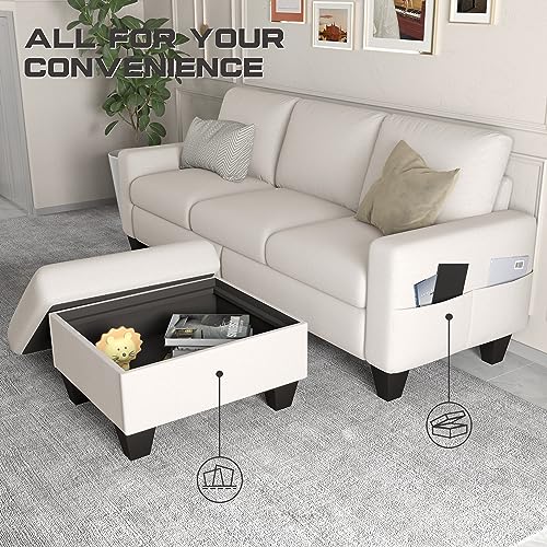 Beige Linen Convertible Sectional Sofa with Storage