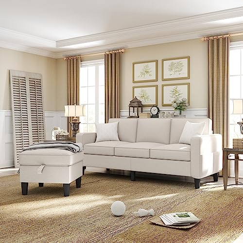 ZeeFu Beige Linen Convertible Sectional Sofa with Ottoman