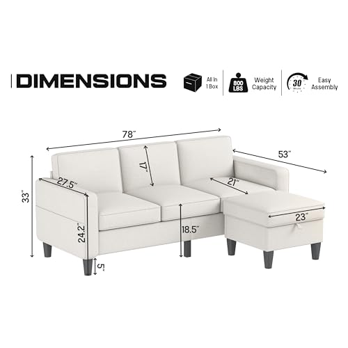 Beige Linen Convertible Sectional Sofa with Ottoman