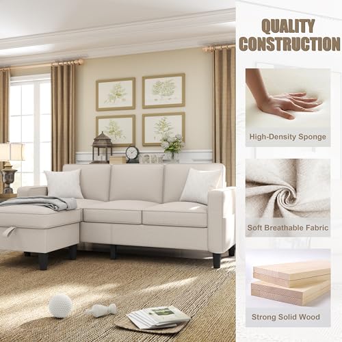 Beige Linen Convertible Sectional Sofa with Ottoman