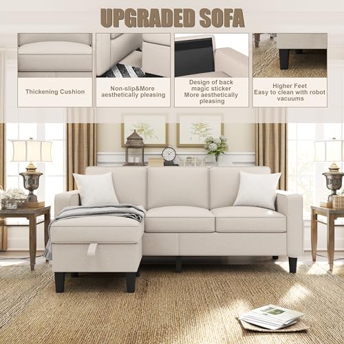 Beige Linen Convertible Sectional Sofa with Ottoman