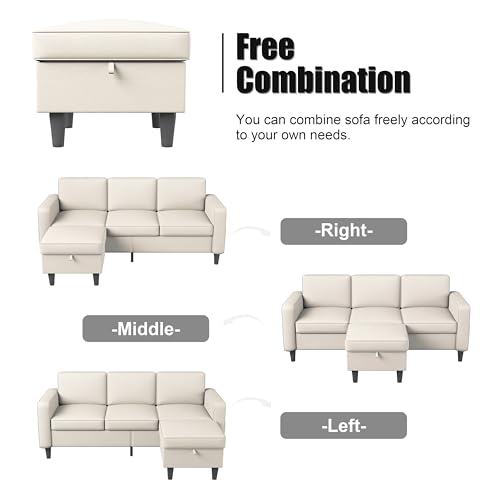 Beige Linen Convertible Sectional Sofa with Ottoman