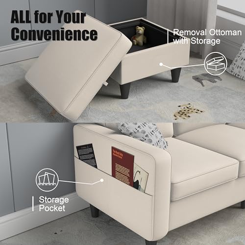 Beige Linen Convertible Sectional Sofa with Ottoman