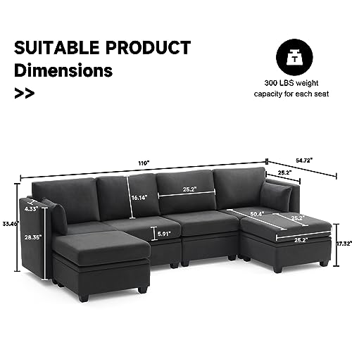 Modular U-Shaped Sofa with Storage - Dark Grey