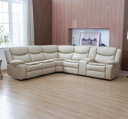 Cream L-Shaped Leather Power Reclining Sectional Sofa