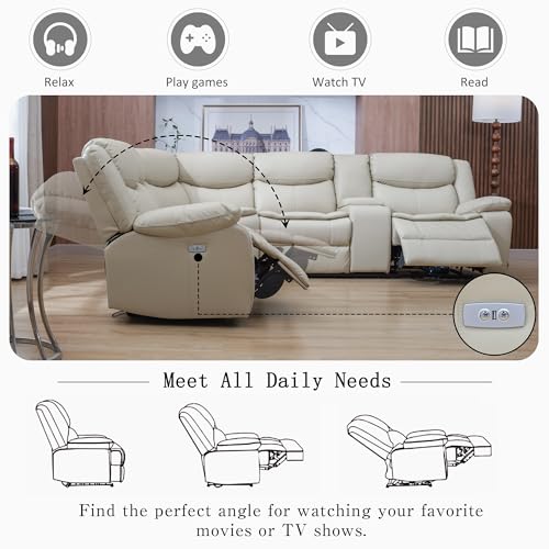 Cream L-Shaped Leather Power Reclining Sectional Sofa