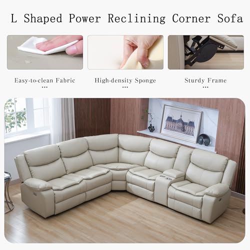 Cream L-Shaped Leather Power Reclining Sectional Sofa