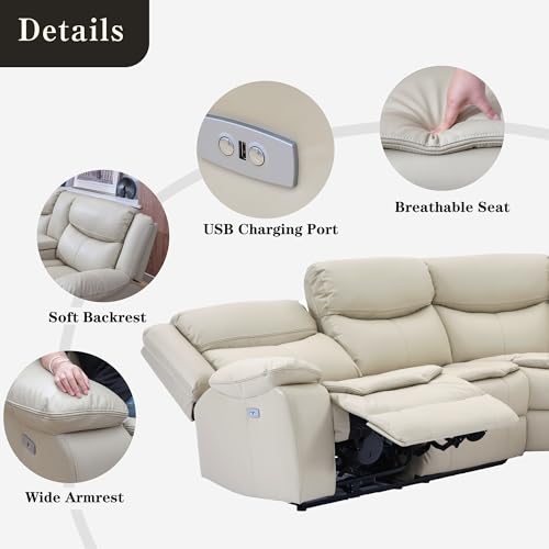 Cream L-Shaped Leather Power Reclining Sectional Sofa