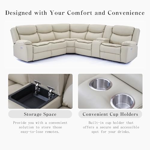 Cream L-Shaped Leather Power Reclining Sectional Sofa