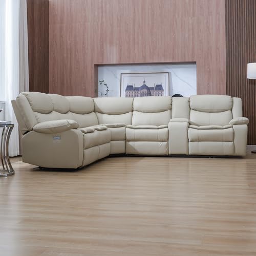 Cream L-Shaped Leather Power Reclining Sectional Sofa