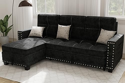 Versatile L-Shaped Sofa Bed with Storage, Black