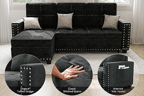 Versatile L-Shaped Sofa Bed with Storage, Black