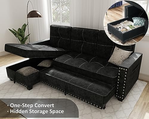 Versatile L-Shaped Sofa Bed with Storage, Black