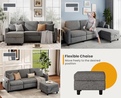 KKL Grey L-Shaped Sectional Sofa with Ottoman