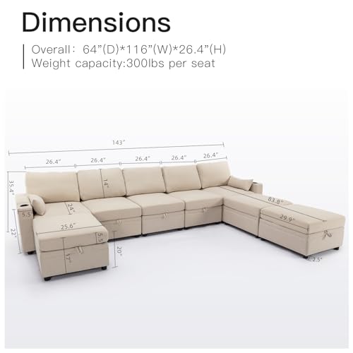Beige Modular U-Shaped Sofa with Storage & USB