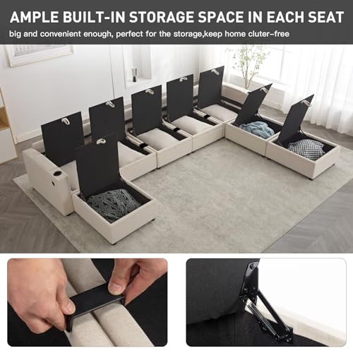 Beige Modular U-Shaped Sofa with Storage & USB