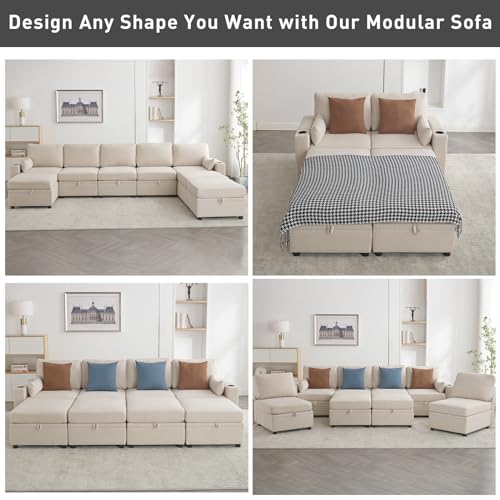 Beige Modular U-Shaped Sofa with Storage & USB