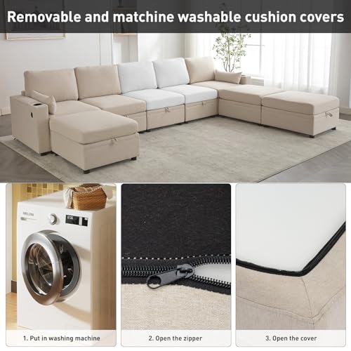 Beige Modular U-Shaped Sofa with Storage & USB