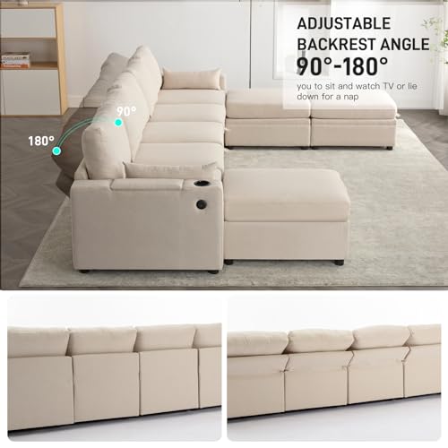 Beige Modular U-Shaped Sofa with Storage & USB
