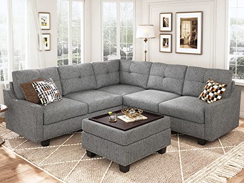 HONBAY L-Shaped Sectional Sofa with Storage Ottoman Light Grey